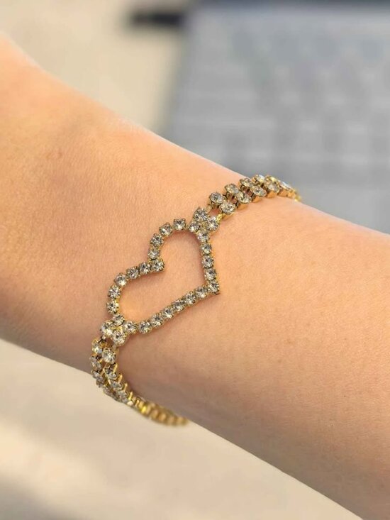 Heart Crystal Tennis Bracelet – Gold Tone - Picture 1 of 5